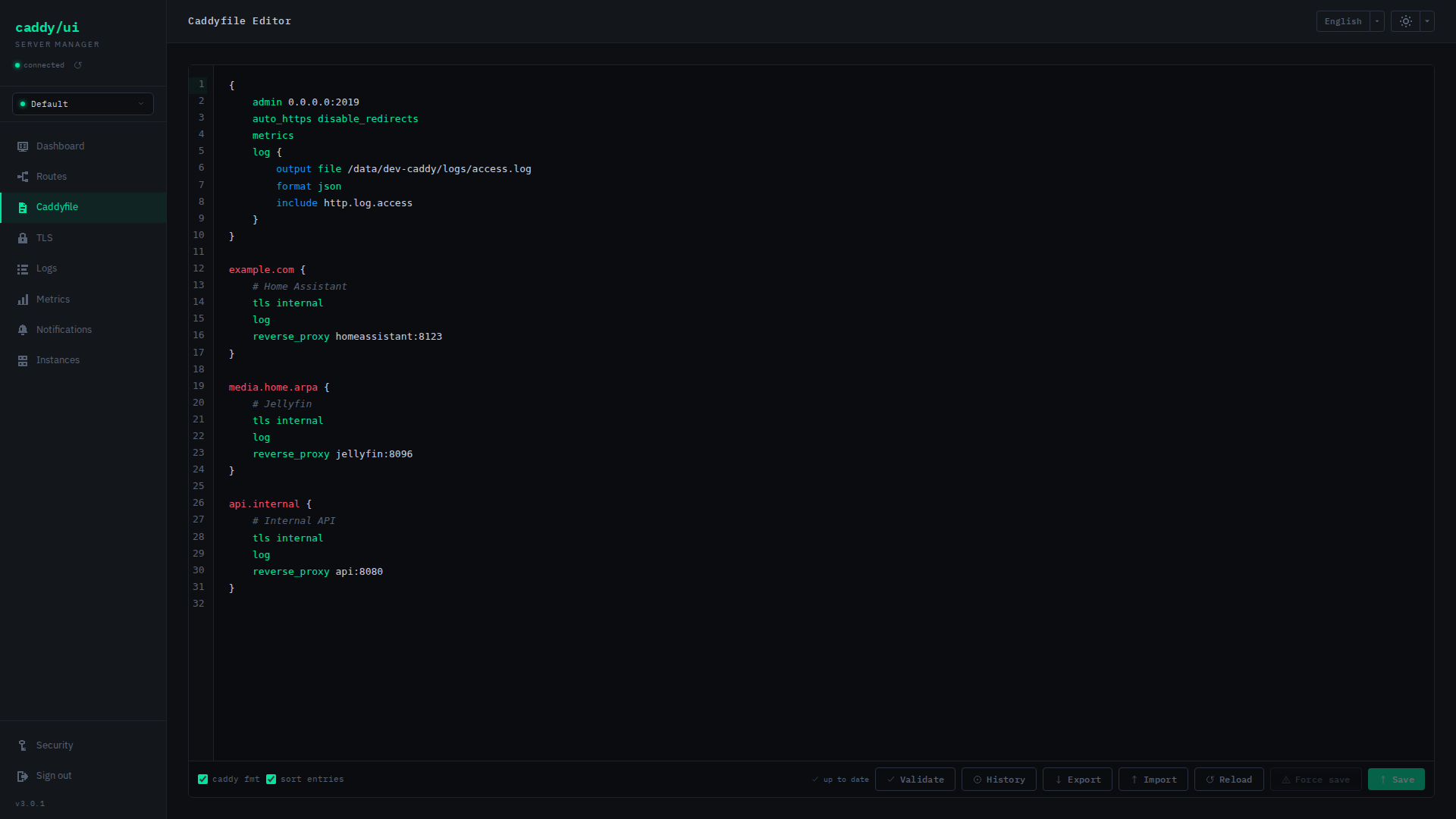 Caddyfile editor with syntax highlighting and configuration controls