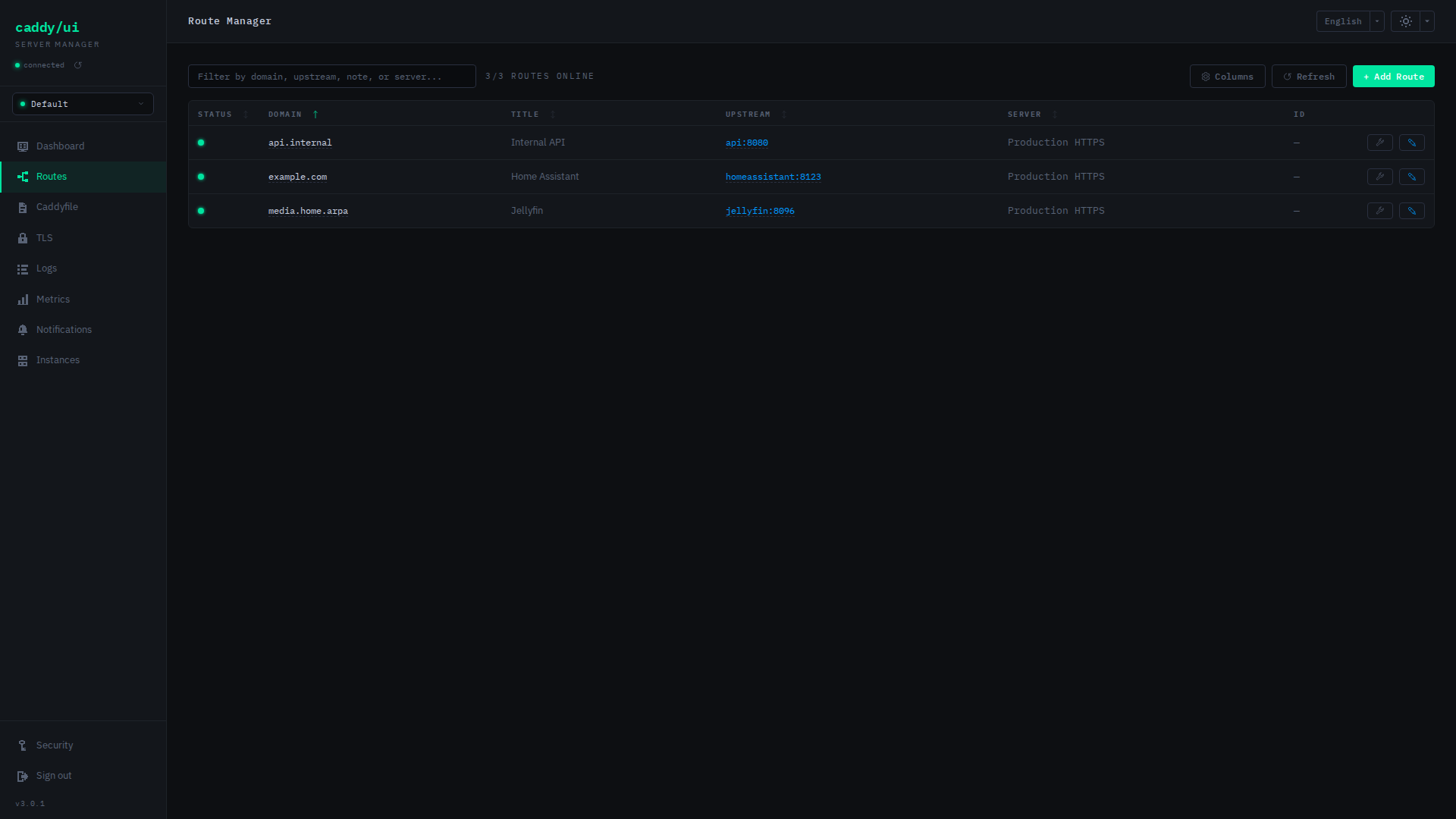 Route manager listing reverse proxy routes and upstream health